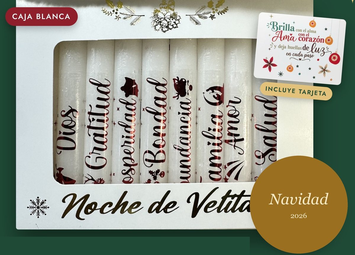 Noche de Velitas · Letras rojas · Caja blanca